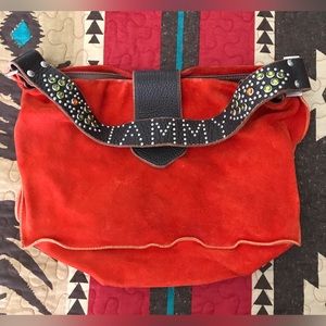 Tylie Malibu Orange Suede, Brown Leather Boho Shorty Bag w/ Custom Studded Belt